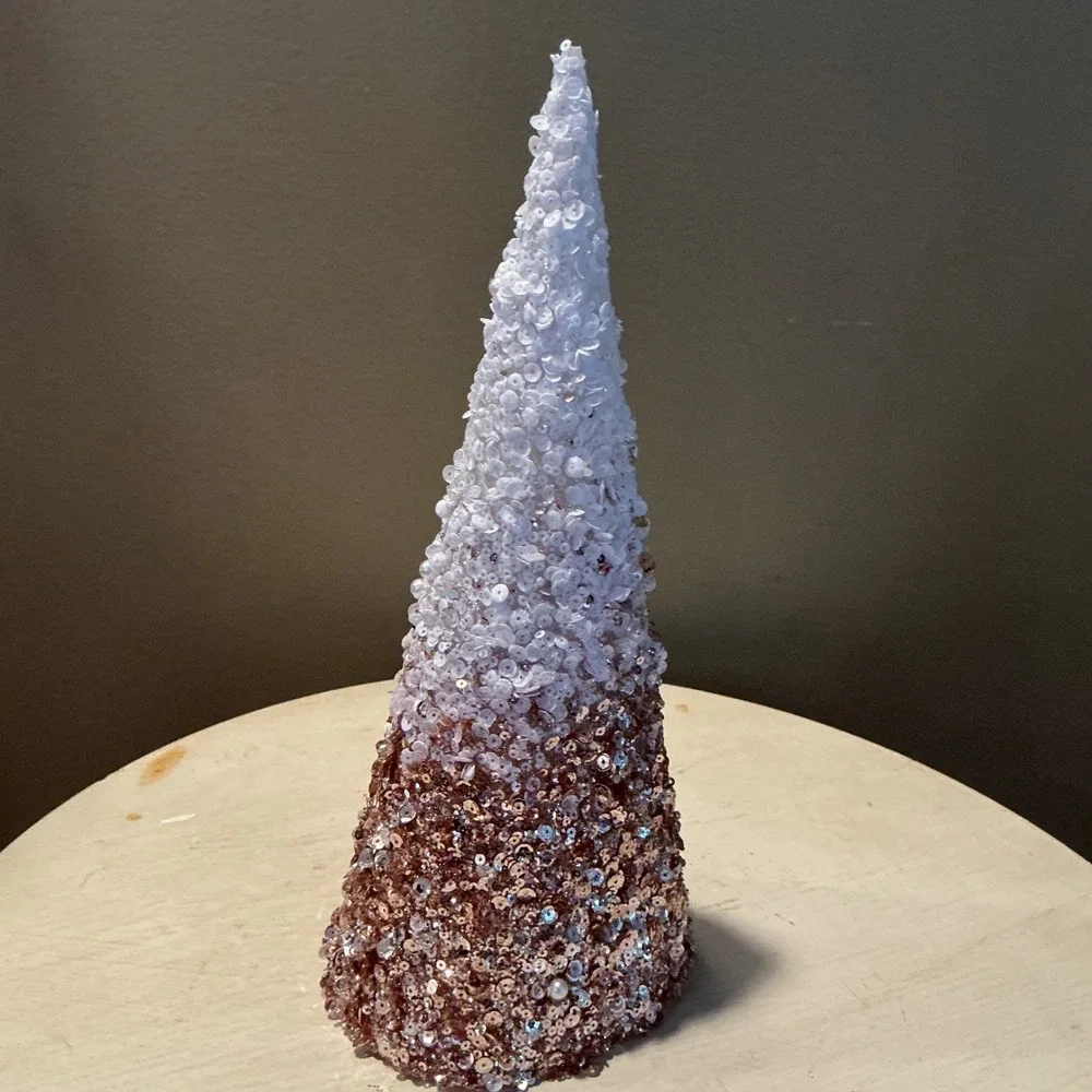 Holiday Style Cone Tree Sequin Rose Gold White Ombre‎ Tabletop Decor 12 Inch